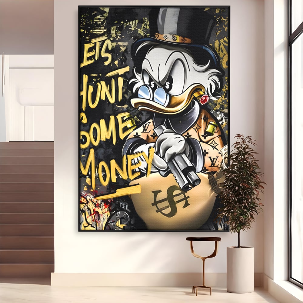 Tablou canvas cu ilustratie cu scrooge duck tinand o arma, in rama de aluminiu negru